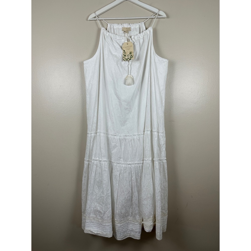 Farmers Market Women's L Midi Dress White Cotton Tiered Lace Tassel Cottagecore